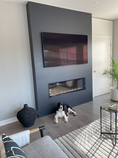 A dog lies comfortably in front of a fireplace with a stone slab surround.